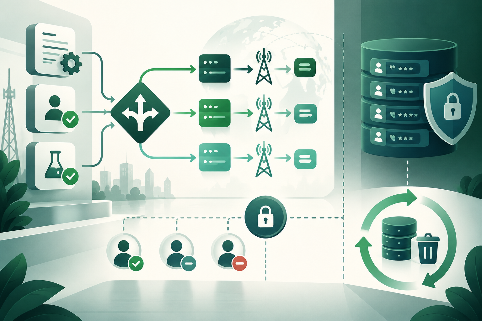 Diagrama de governança de evidências de roteamento de SMS A2P, com controles de acesso e ciclo de retenção