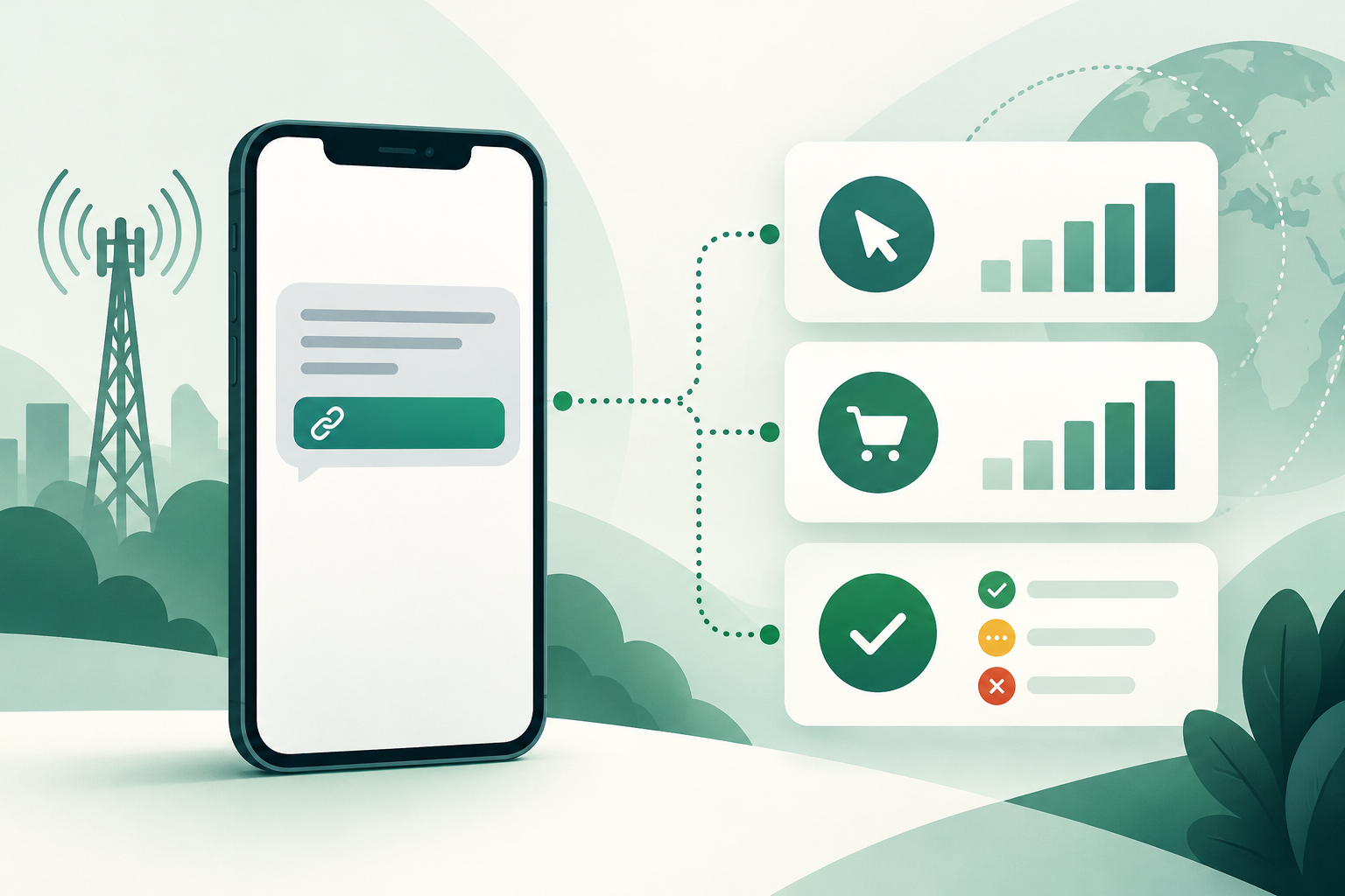 Analyse-Dashboard, das Klicks auf SMS-Links, Conversions und Zustellstatus getrennt darstellt
