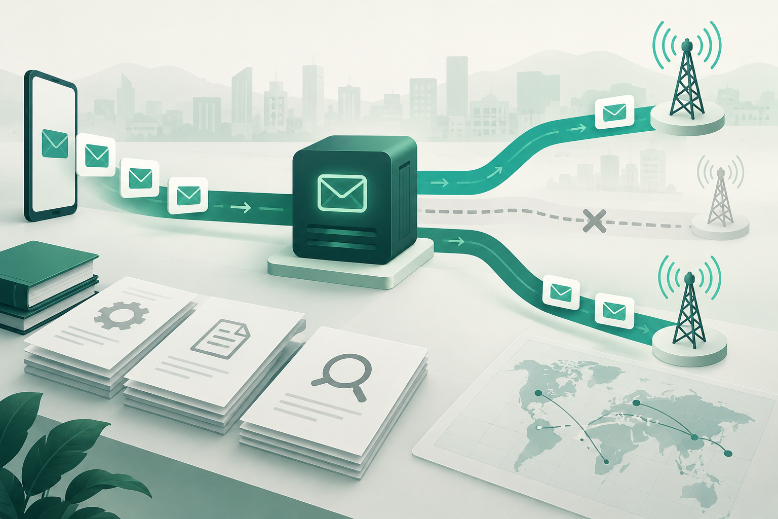 Diagrama conceitual de rotas A2P SMS, sem regras operacionais de failover