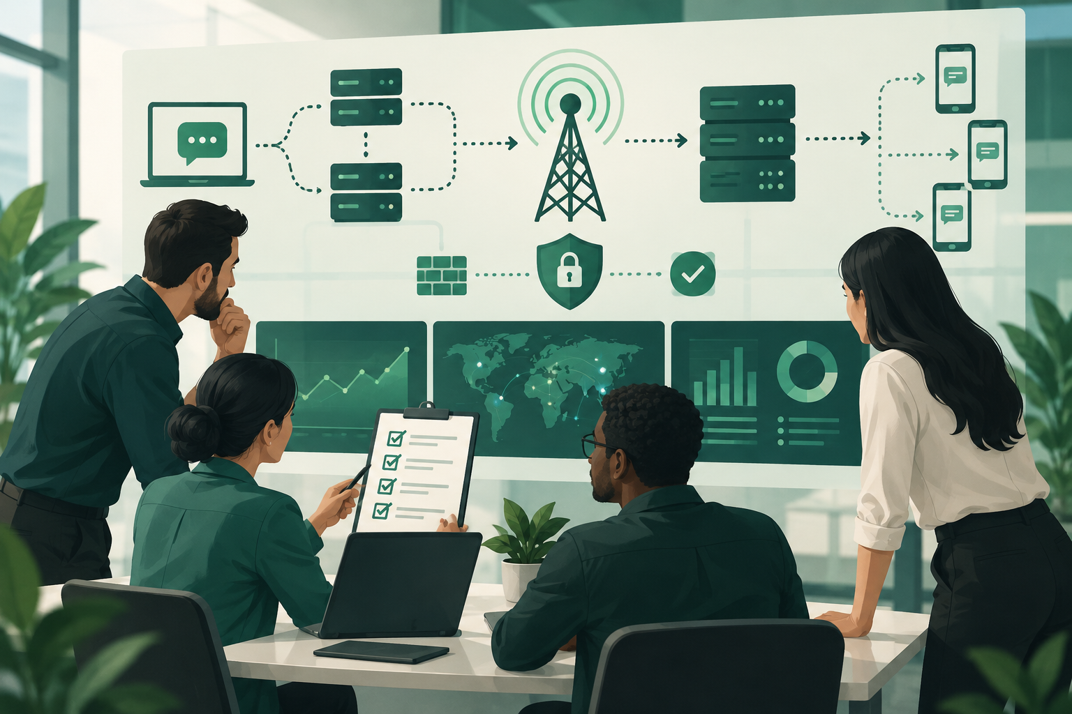 Team tecnico che esamina una checklist per connessioni SMS A2P HTTP e SMPP