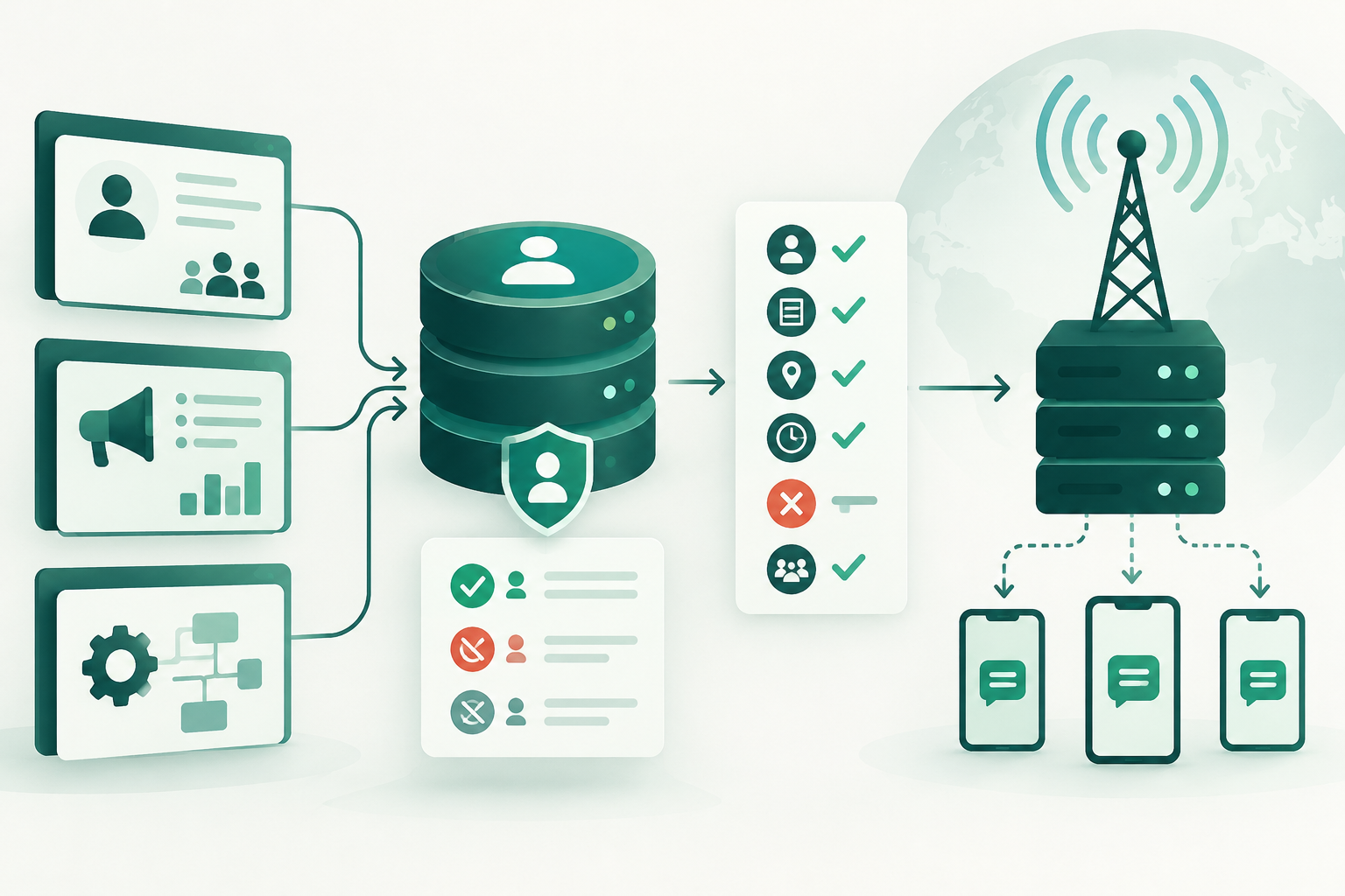 Diagramm, das CRM-, Kampagnen- und Versandsysteme zeigt, die Änderungen an einer SMS-Sperrliste synchronisieren