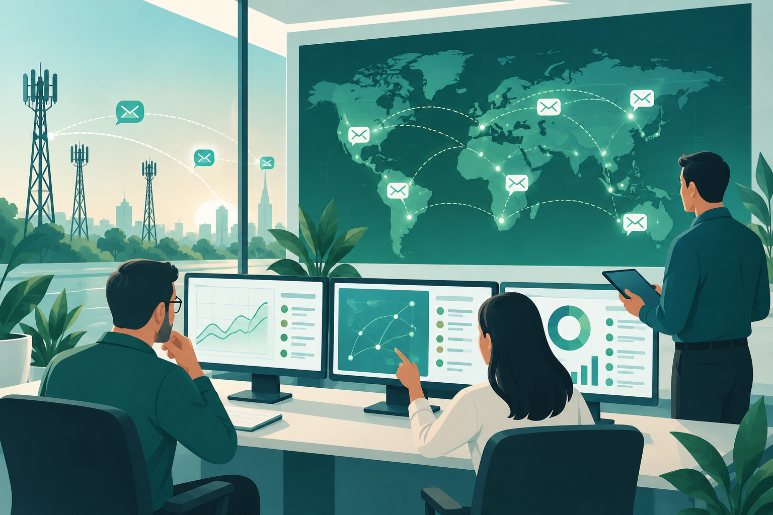 Illustration conceptuelle d’une analyse de la qualité SMS A2P présentant des tendances par destination et par période