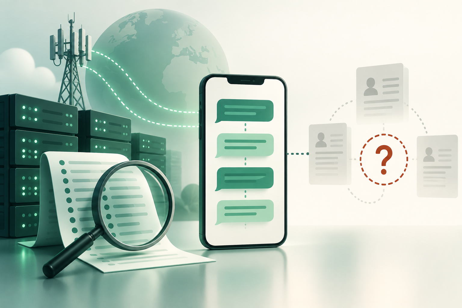 Illustrazione concettuale di un’indagine sugli SMS multipart con fonti tecniche ancora da verificare
