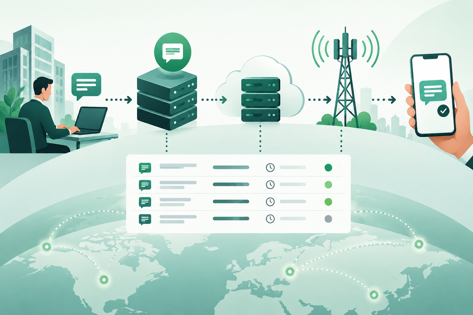 Diagramm eines A2P-SMS-Datenvertrags zwischen Absender, Plattform, Anbieter und Mobilfunkbetreiber
