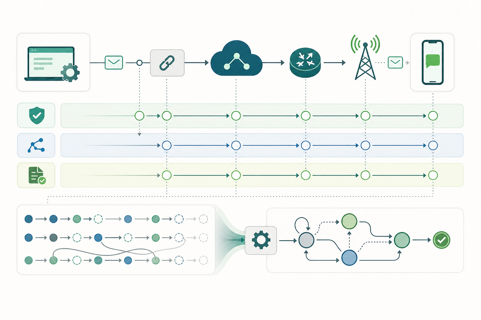 Diagrama operativo de estados de envío y DLR para un mensaje A2P SMS