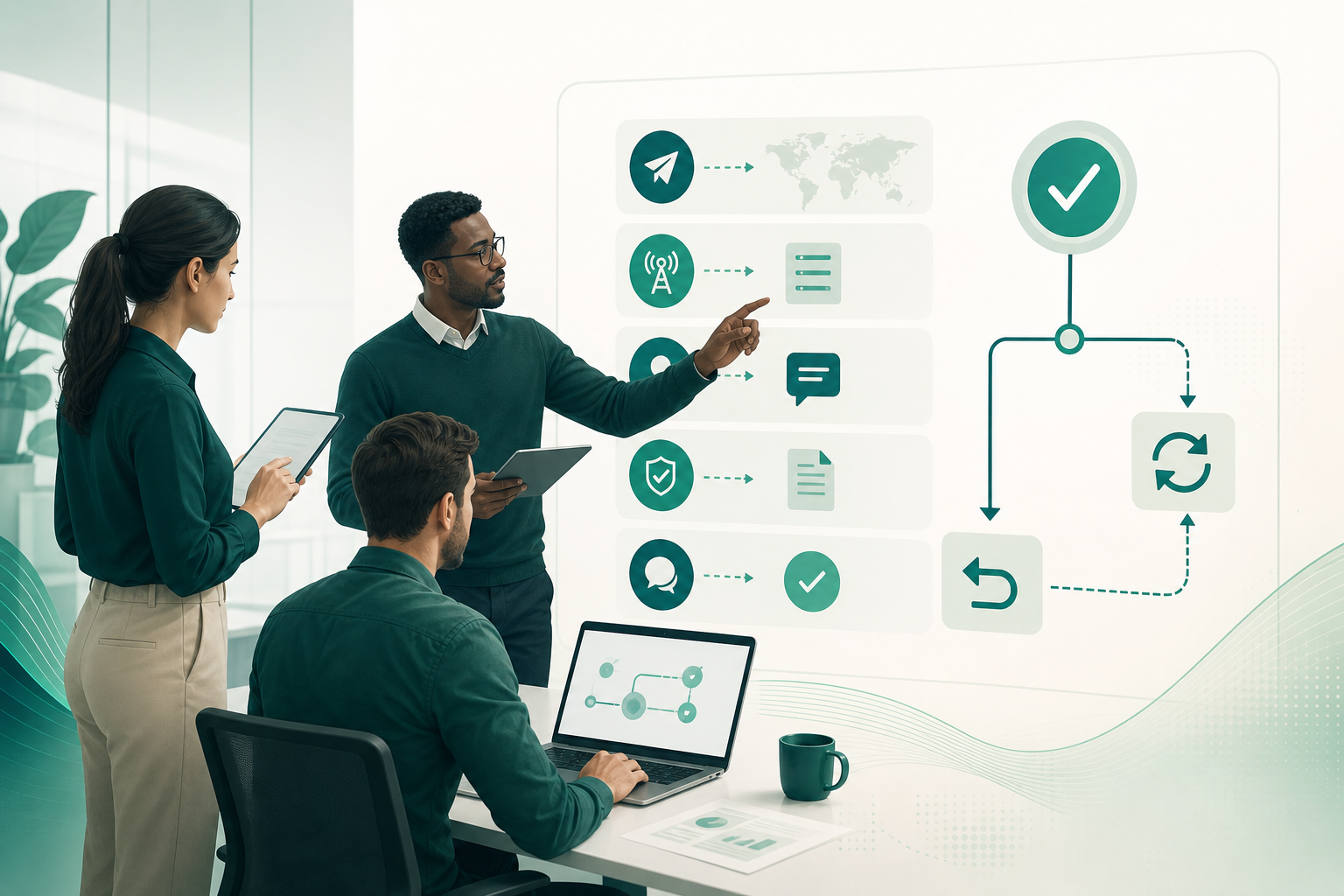 Equipe de operações analisando evidências e aprovações de uma rota A2P SMS