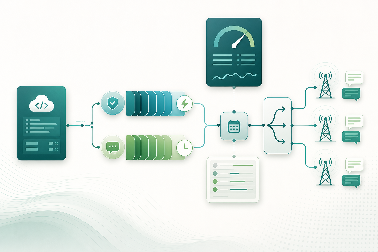 Diagrama operacional de uma fila de SMS A2P com controlo de admissão, limites e prioridades