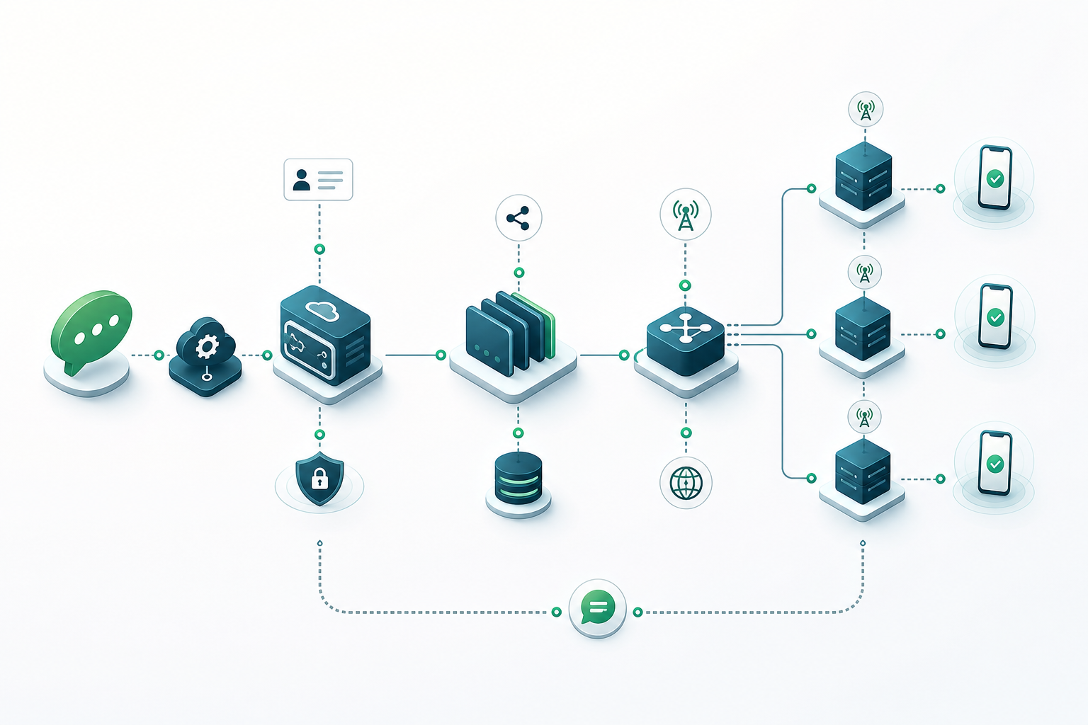 Traceability diagram of an A2P SMS message from an API to a DLR