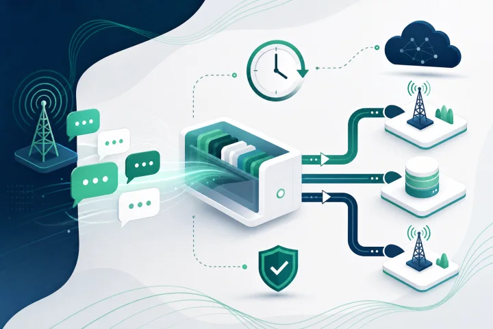 Diagrama de continuidad operativa para tráfico A2P SMS con dependencias, RTO, RPO y estados de mensajes