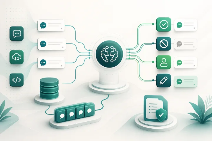 Diagrama operativo de deduplicación de mensajes A2P SMS con decisiones de permitir, suprimir, revisar y reemplazar