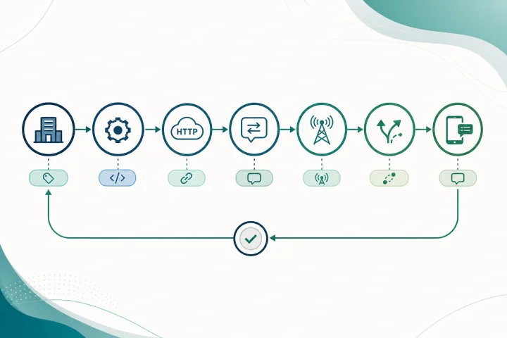 Diagrama de trazabilidad entre un evento de negocio, intentos técnicos, identificadores de proveedor y DLR SMS