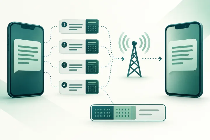 Diagrama de un SMS dividido en segmentos concatenados con codificación y cabecera