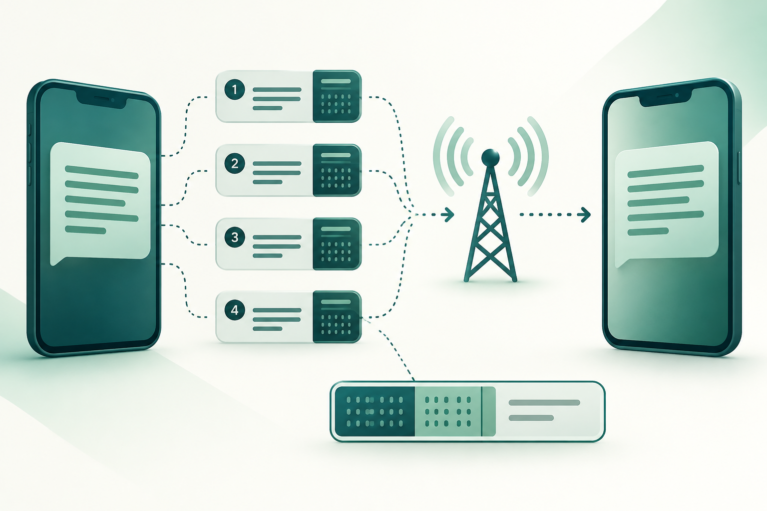 Diagramma di un SMS suddiviso in segmenti concatenati, con codifica e intestazione