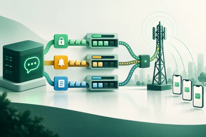Diagrama conceptual de colas separadas para OTP, alertas y notificaciones SMS durante una degradación de capacidad