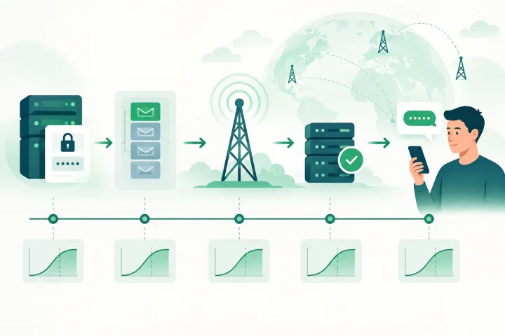 Diagrama de las etapas de latencia de un OTP por SMS y sus métricas de observación