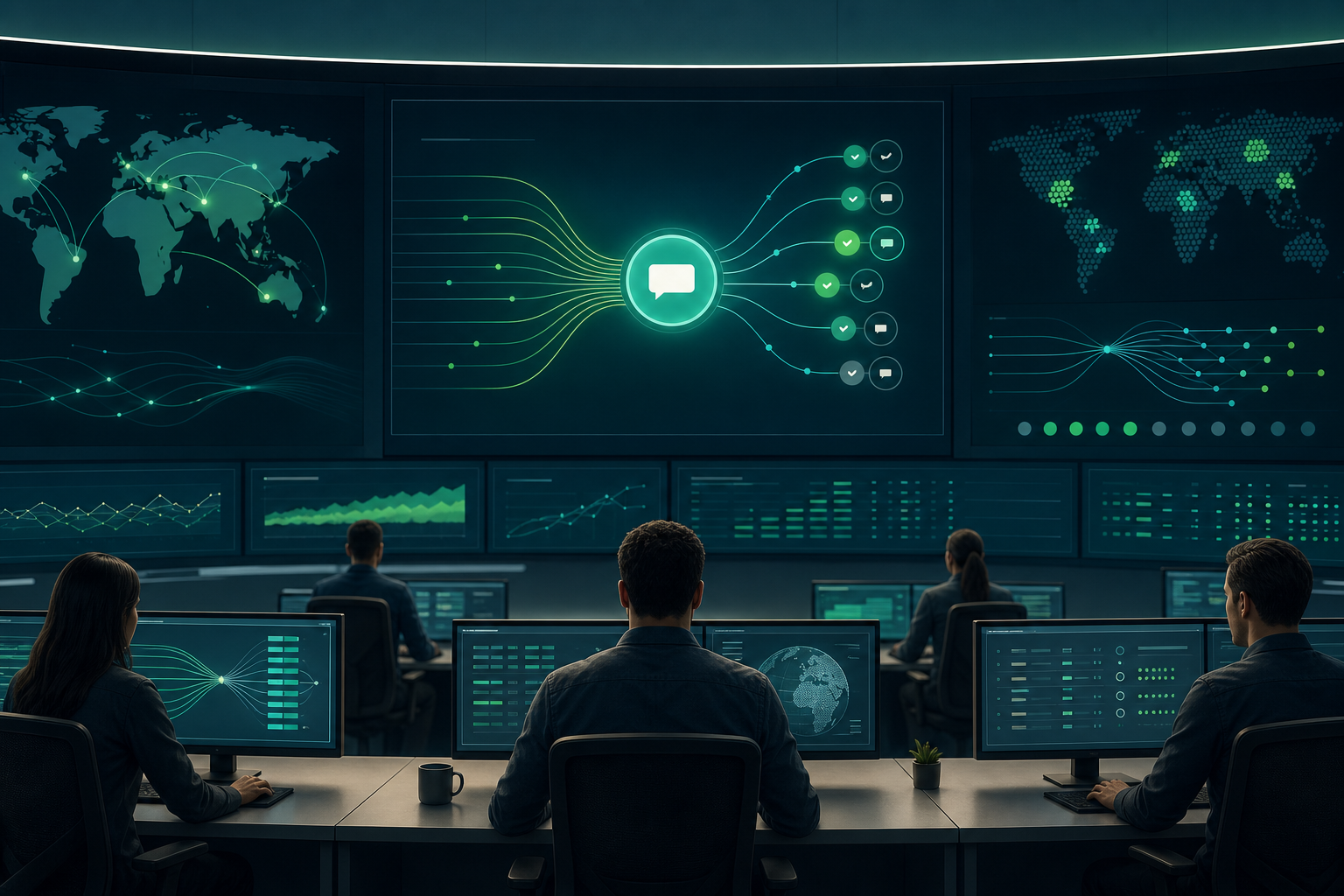 Team operativo che analizza metriche di consegna A2P SMS per destinazione e instradamento