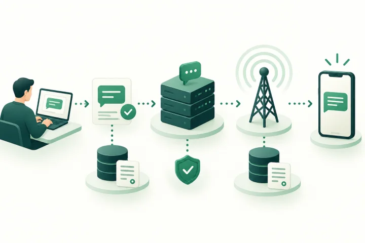 Diagrama de trazabilidad que compara el texto SMS A2P en la aplicación, la pasarela, el proveedor y el dispositivo receptor