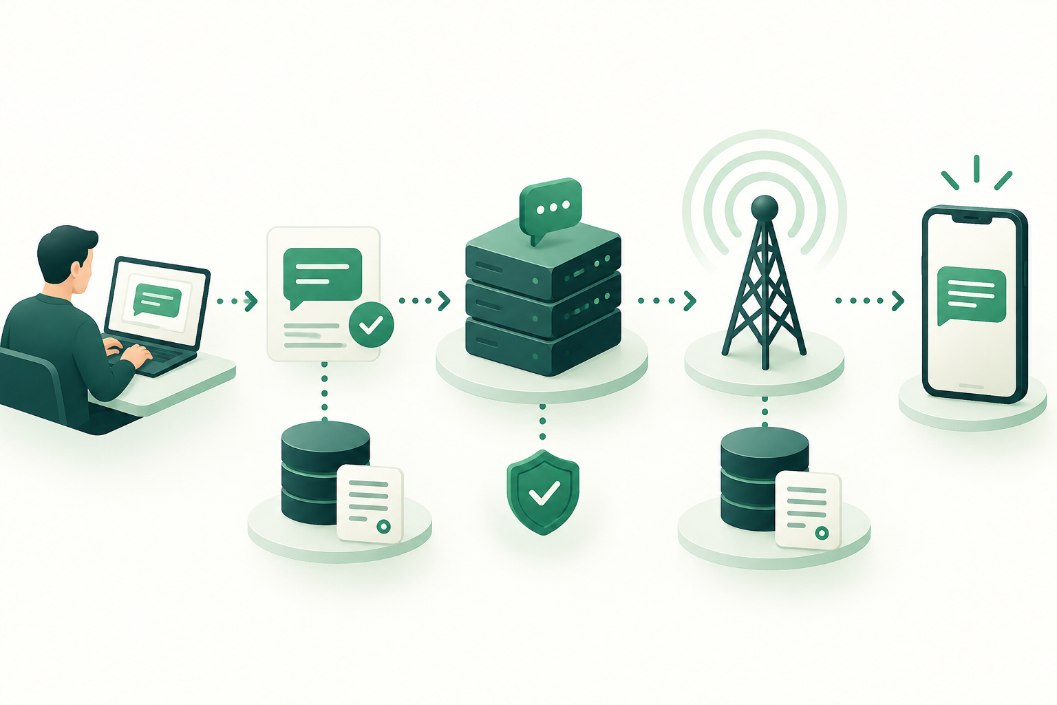 Diagramma di tracciabilità che confronta il testo SMS A2P nell’applicazione, nel gateway, nel provider e sul dispositivo ricevente