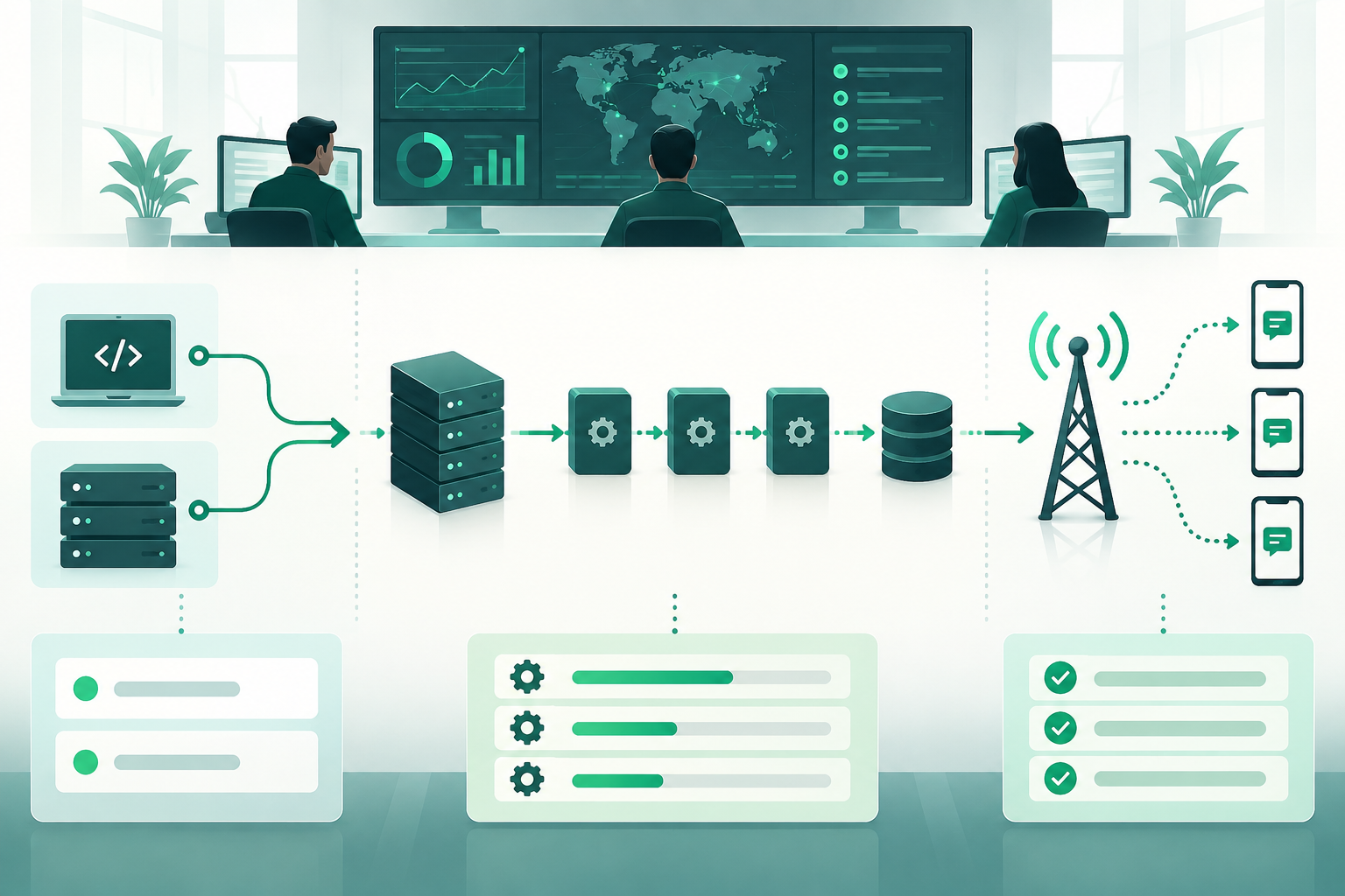 Diagramma operativo che separa connettività HTTP e SMPP, risposta dell’interfaccia e risultato successivo dell’SMS