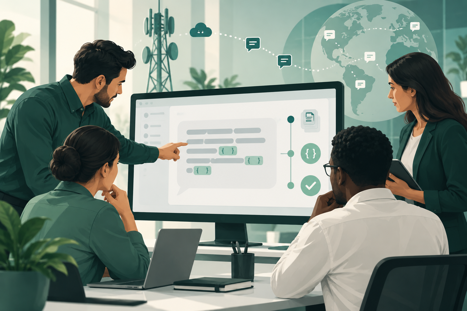 Ein Team prüft eine A2P-SMS-Vorlage vor der Veröffentlichung