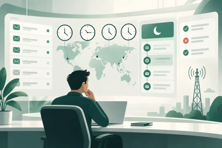 Diagrama operativo de ventanas de quietud para SMS A2P con hora local, reglas de envío y registro de decisiones