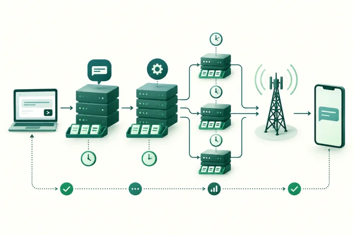 Diagrama operativo de una cadena A2P SMS con validez solicitada, colas intermedias, reintentos y estados de entrega