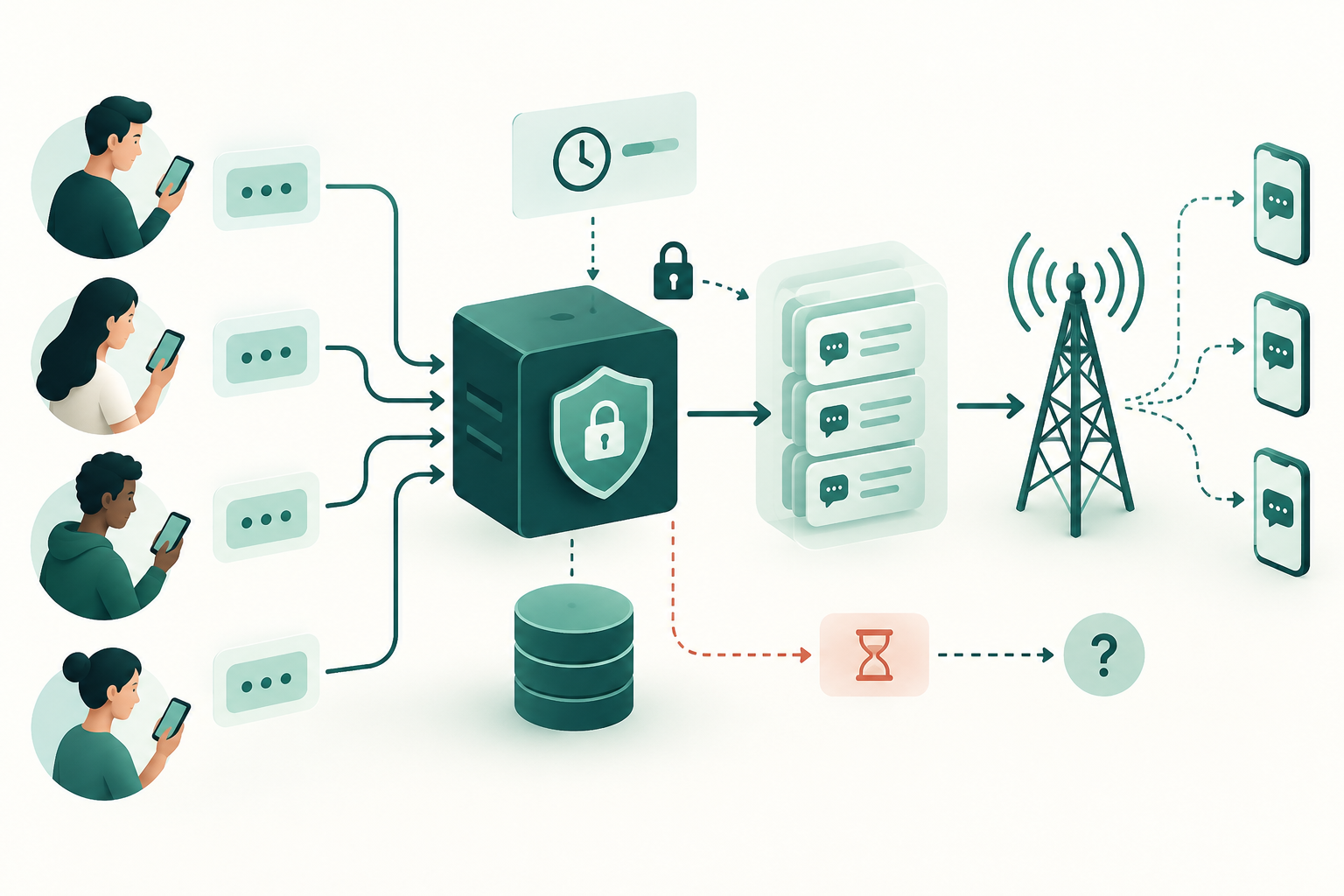 Diagram of SMS OTP requests coordinated through states and a temporary lock