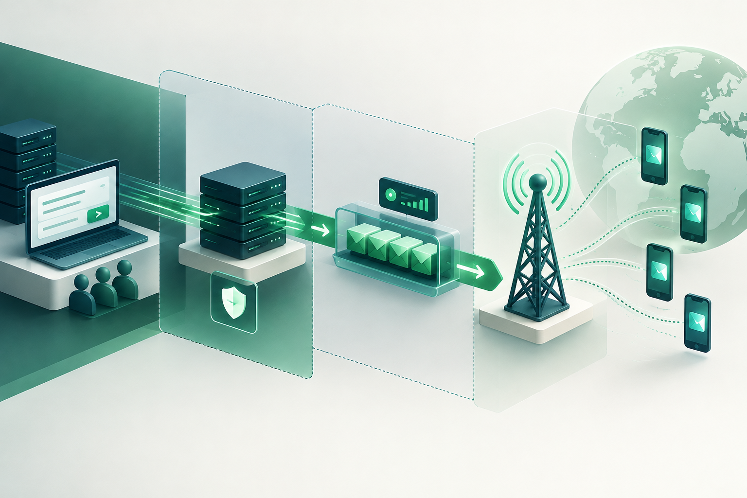 Betriebsdiagramm, das vereinbarte Limits für eine A2P-SMS-Route mit Kontrollen, Warteschlangen und der Prüfung von Vorfällen verbindet