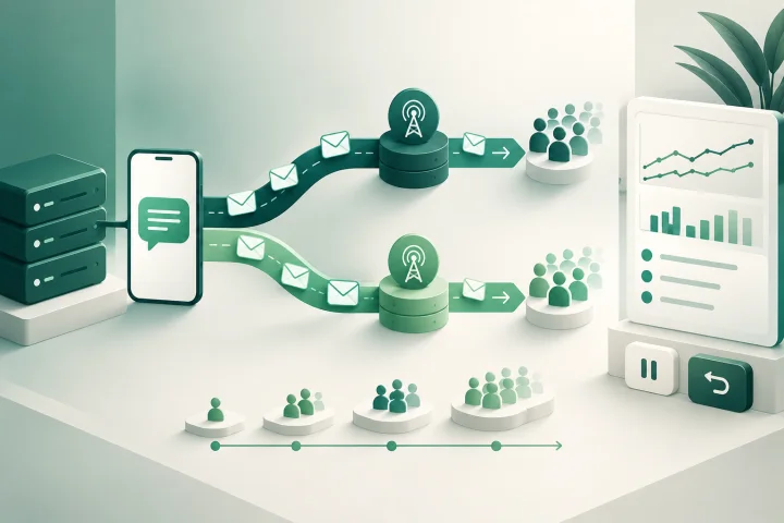 Diagrama operativo de una migración gradual de tráfico A2P SMS entre una ruta de referencia y una ruta nueva